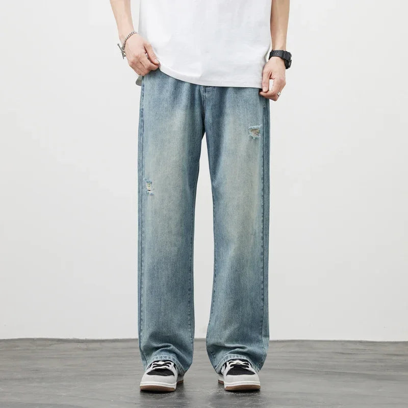 Korea Baggy Jeans Men's Vintage Straight Ripped Y2k Pants Fashion Frayed High Street Distressed Denim Trousers Male Clothes