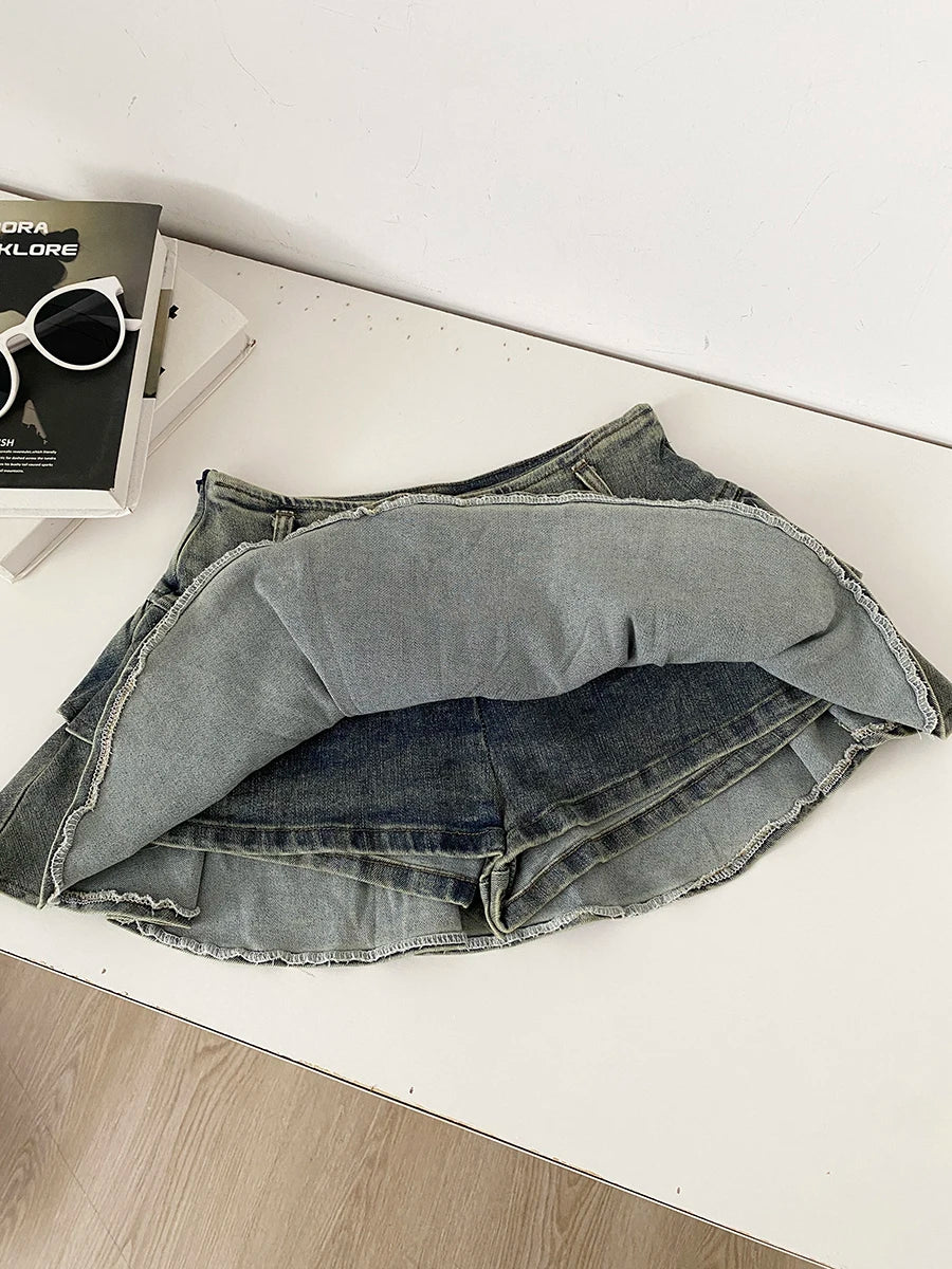 Low Waist Denim Skirt Women's Spring 2026 New Style Double Belt Anti-Light Short Skirt Casual High Waist Polyester Fiber