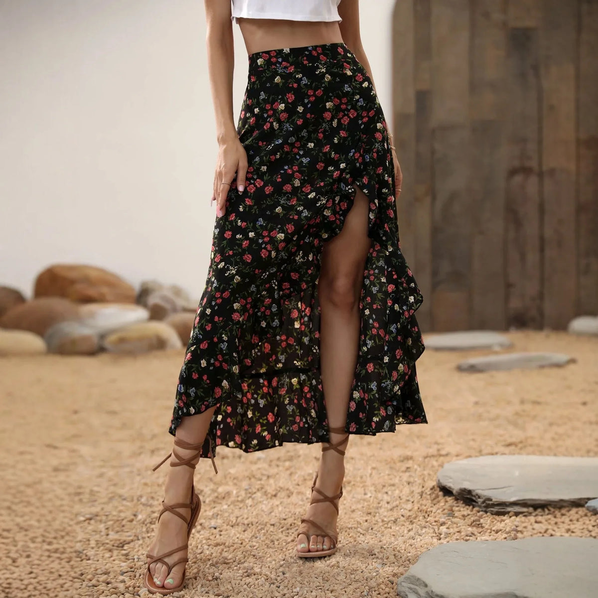 Ladies Floral High Waist Asymmetrical Hem Mid-Length Split Skirt Casual Holiday Fashion Spring Summer Polyester Fabric Elegan...