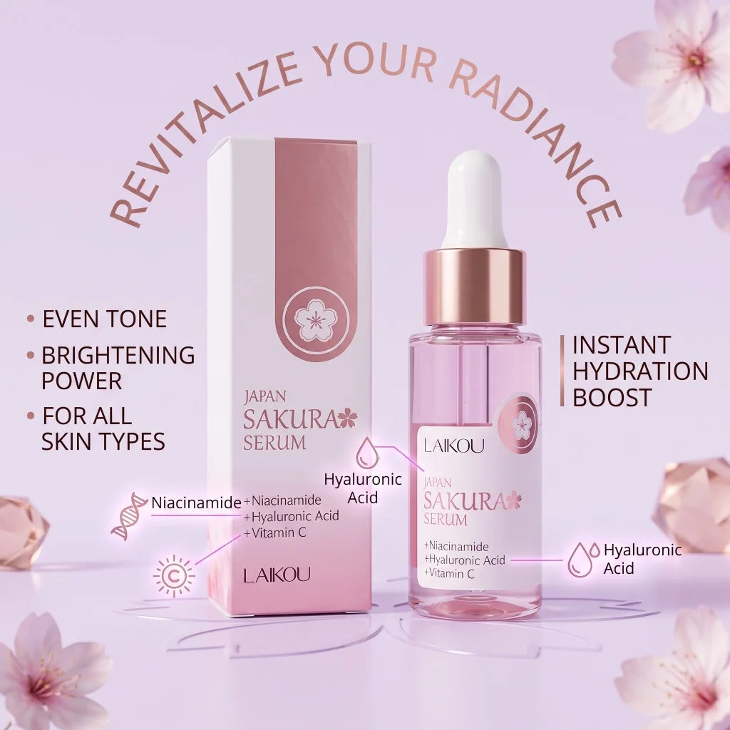 Sakura Serum Niacinamide Hyaluronic Acid Vitamin C Brightening Hydrating Moisturizing Glow Boost Daily Facial Skin Care Essence