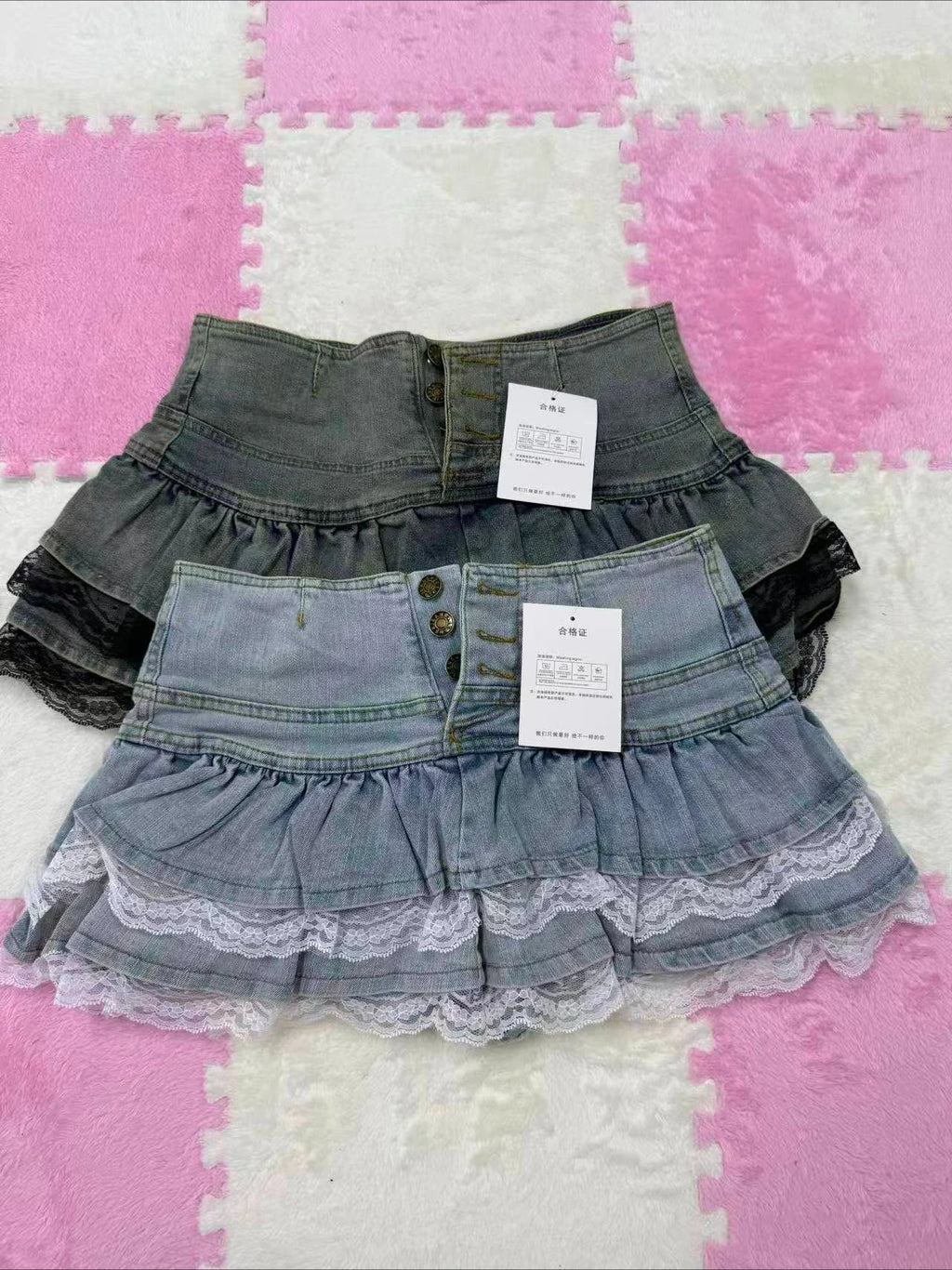 Vintage Denim Pleated Skirt Woman LaceDesign A-line Y2k Mini Skirt Streetwear  American Spicy Girl Korea Fashion Hotsweet
