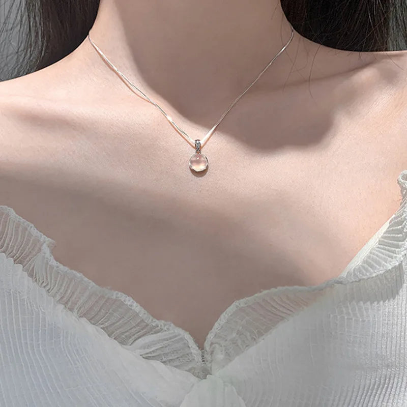 Elegant Chalcedony Round Pendant Necklace for Women Fashion Box Chain Necklace Short Clavicle Chain Female Jewelry Gift