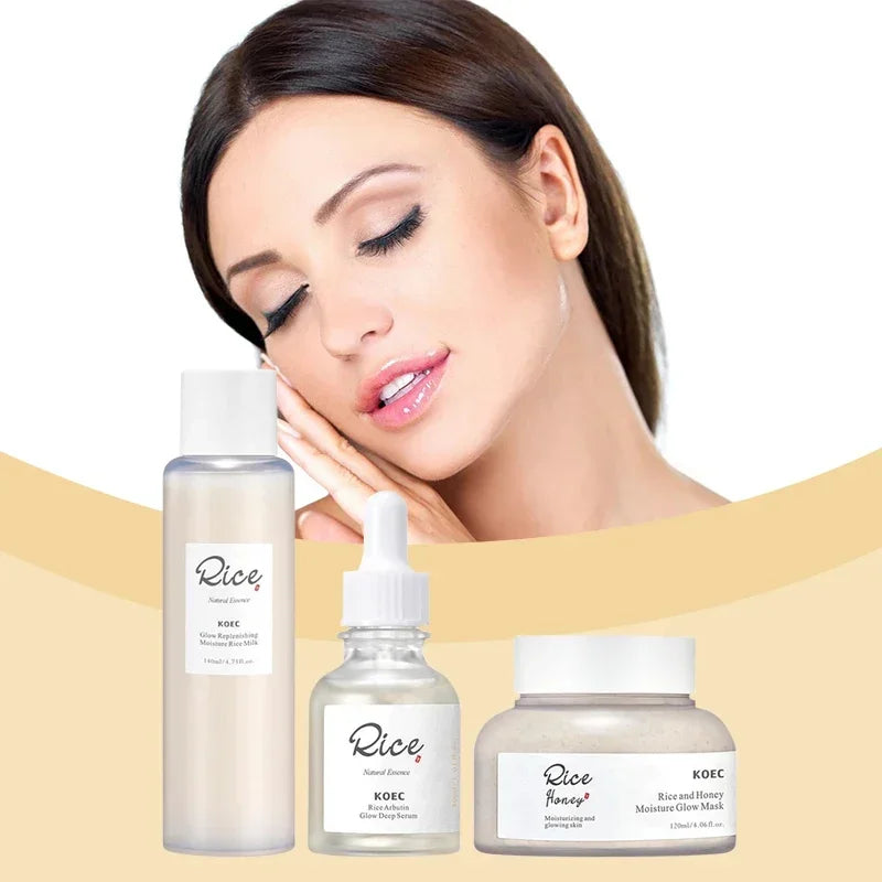 3pcs Rice Honey Facial Skincare Set Rice Extract Moisturizing Essence Facial Soothing Toner Honey Revitalizing Overnight Mask