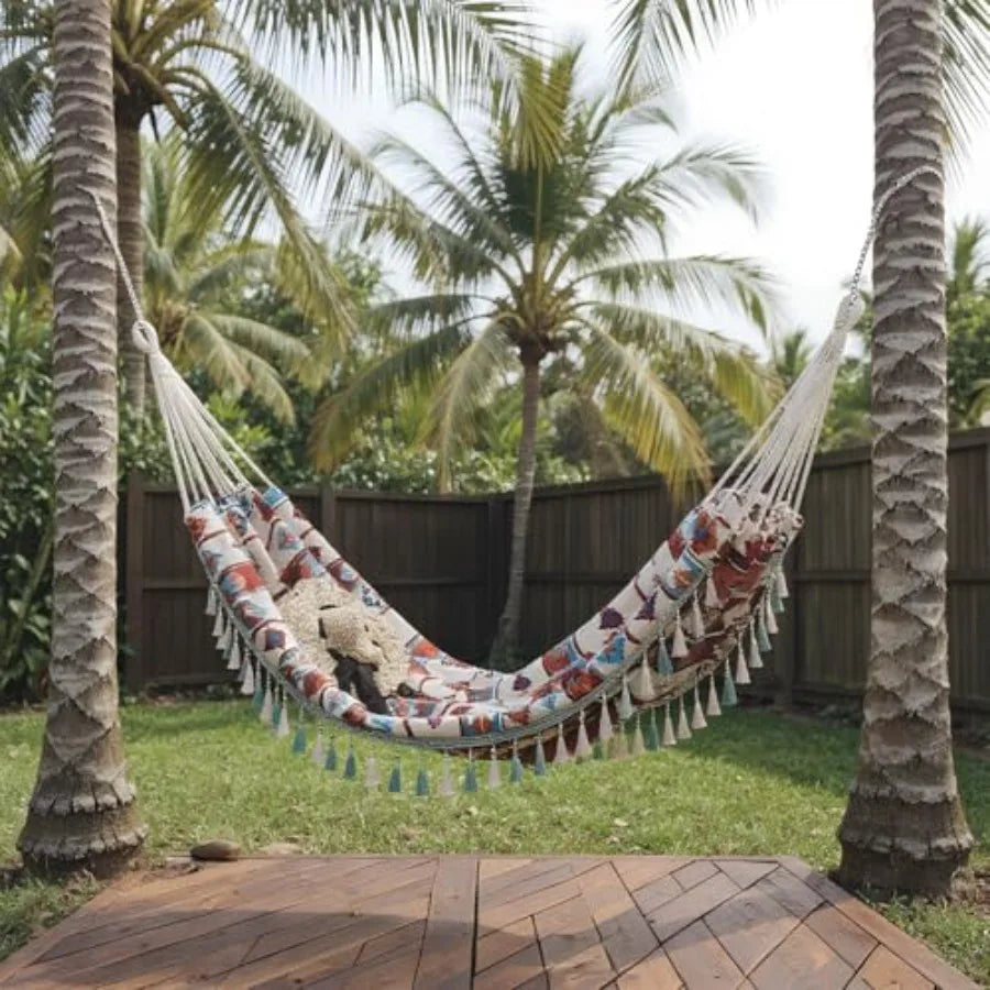 Double Boho Macrame Hammock with Tassels Portable 59''79'' Patio Hammock in Beige for Poolside Camping Porch Bedroom Balcony Ou