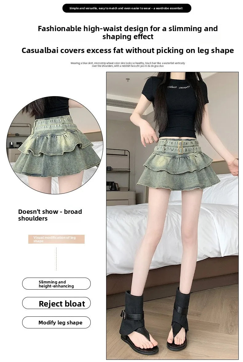 American Pure Desire Spicy Girl Design Elastic Denim Skirt Half-length Pleated Cake Skirt Short Commute High Elasticity