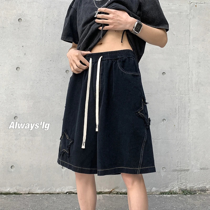 Star Patchwork Shorts Men Vintage Denim Summer Basic All-Match  High Waist Leisure Ulzzang Streetwear Chic Shorts