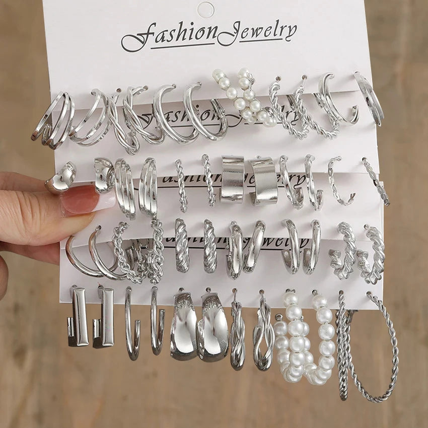 Silver Color Pearl Twist Hoop Earrings Set For Women'S Jewelry Pendientes Vintage Circle Geometric Dangle Earrings Trendy Gifts