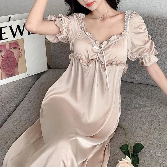 Satin Long Nightgown Women Sweet Lovely French Sleepwear Retro Silk Short Sleeve Sleepshirt Ladies Fashion Nightdress Home Dress