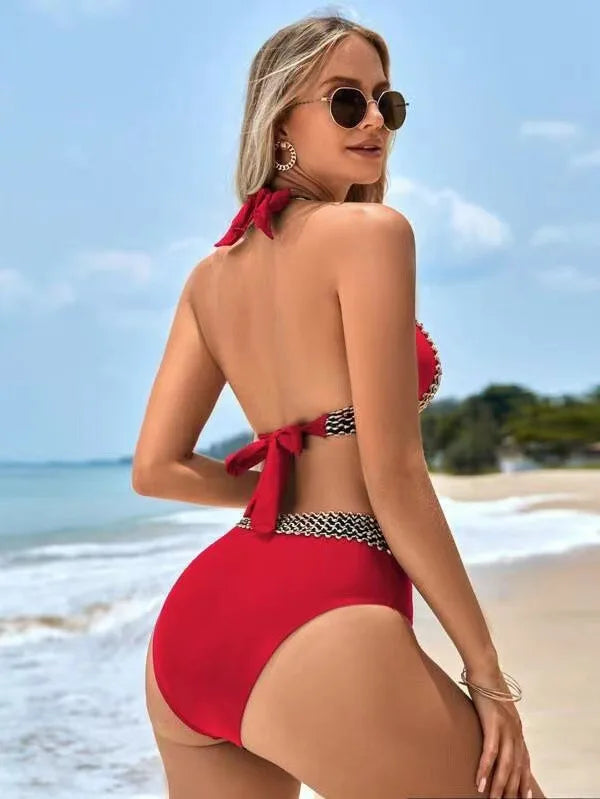Women's High-Waist Deep V-Neck Bikini Set – Padded Wire-Free Two-Piece Swimsuit
