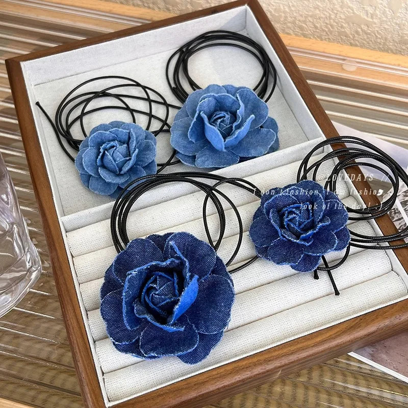 Trend Choker Flower Rose Pendant Collarbone Chain Women Jeans Cloth Necklace Temperament Adjustable Wax Rope Y2K Denim Necklace