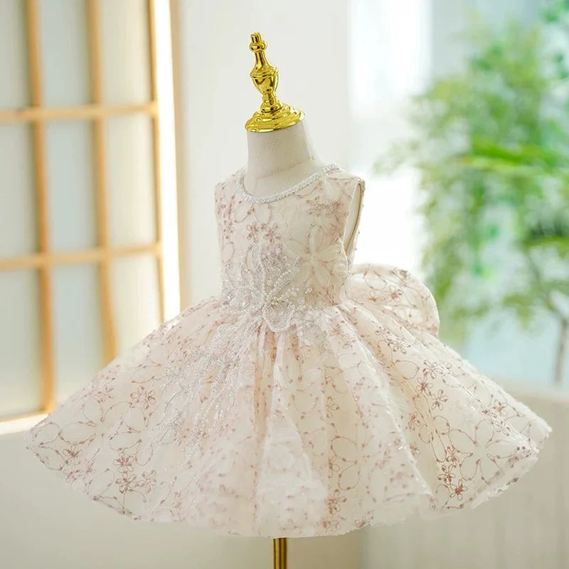 Dreamy Vow J418 Delicate Beige Girl Dress Sleeveless Tulle Floral Embroidery Bow Detail for Kids Holiday Party Short Ball Gown