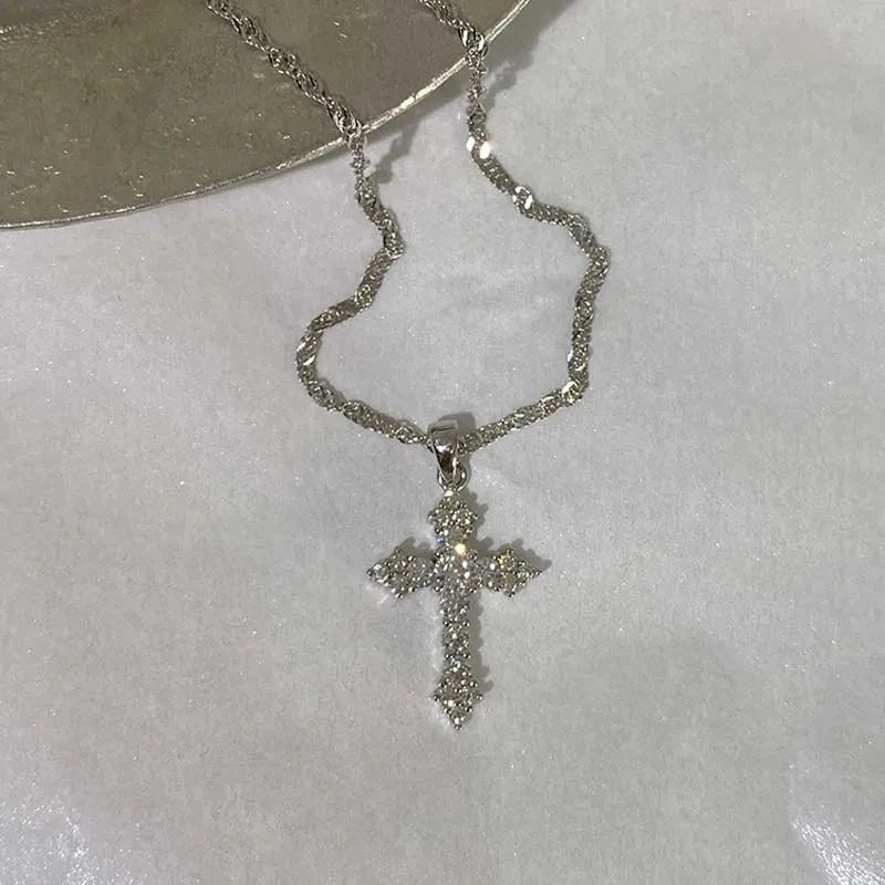 Shiny Crystal Zircon Cross Pendant Necklace For Women'S Girls Punk Silver Color Thin Chain Necklace Jewelry Birthday