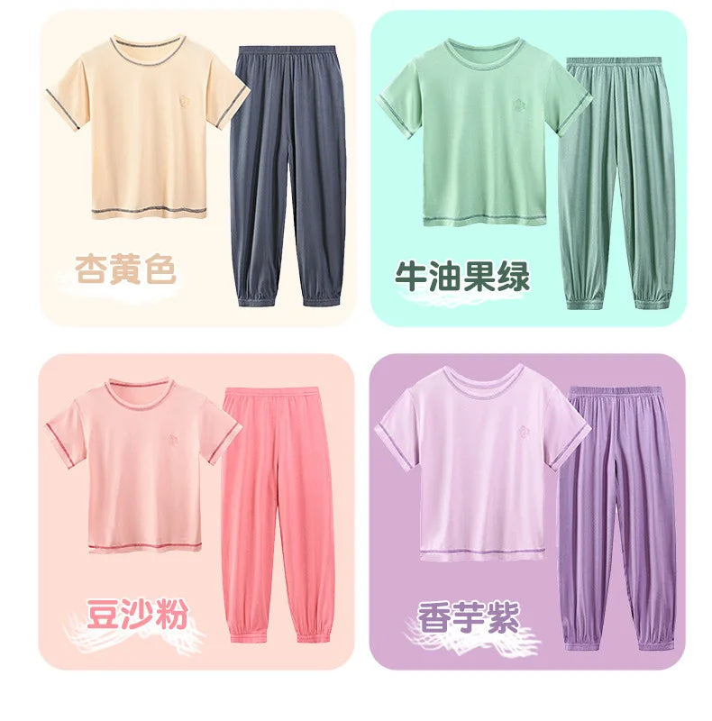 Teenage Boy Pajamas Summer Girl Short Sleeve Children's Clothing Sleepwear Silk Cotton Pyjamas Sets For Kids 4 8 9 12 13 14Years
