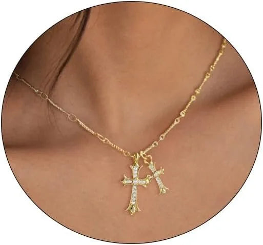 Cross Necklace K Gold Plated Double Cross Pendant With Diamond Accent Chain For Women Elegant Religious Gift