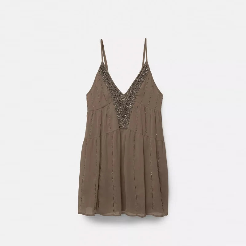 Sequins Bead Snowflake Midi Dress Women'S Fashion Sleeveless Backless Ruffle Pleated Dresses 2026 Summer Evening Vestido