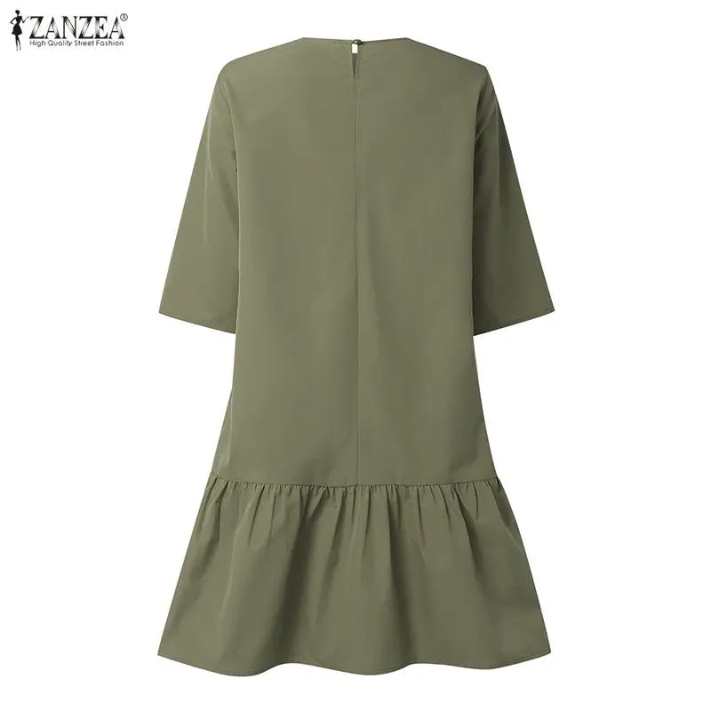 ZANZEA Women's Casual Ruffled Hem Dress O-Neck Half Sleeve A-Line Dress 2026 Summer Daily Solid Color Loose Robes Femme