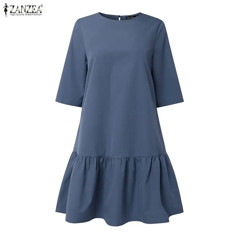 ZANZEA Women's Casual Ruffled Hem Dress O-Neck Half Sleeve A-Line Dress 2026 Summer Daily Solid Color Loose Robes Femme