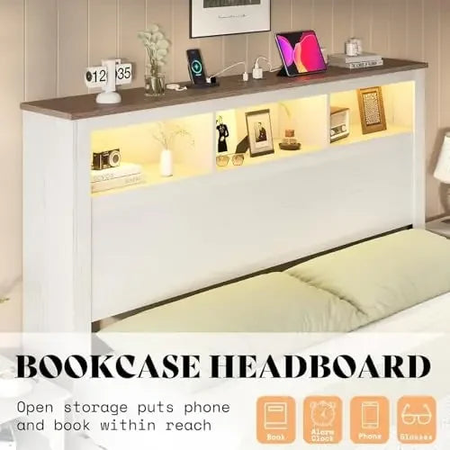 3-piece Farmhouse Bedroom Furniture Set, Includes 1 King LED Platform Bed Frame with Bookcase Storage Headboard