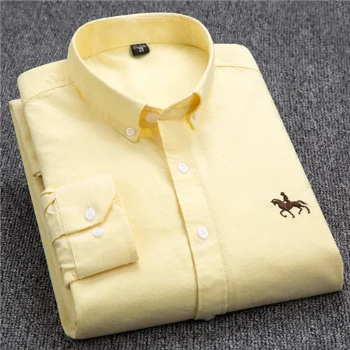 Premium Pure Cotton Oxford Shirt For Men Long Sleeve With Embroidered Horse Design Regular Fit White Dress Shirt