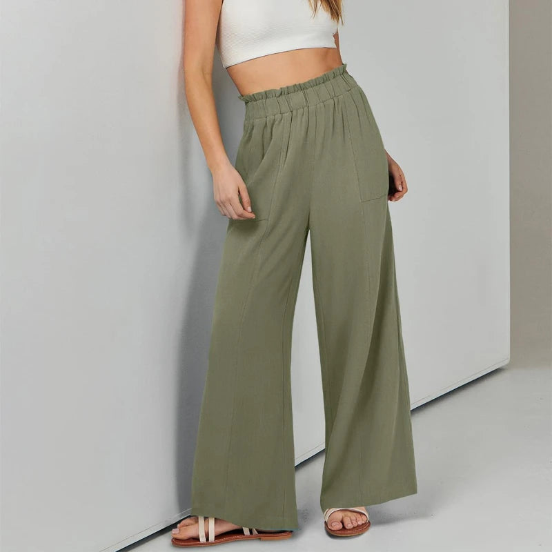 Women's Ruffle Elastic High Waist Wide Leg Pants Loose Casual Long Trousers With Pockets Spring Summer Daily Wear