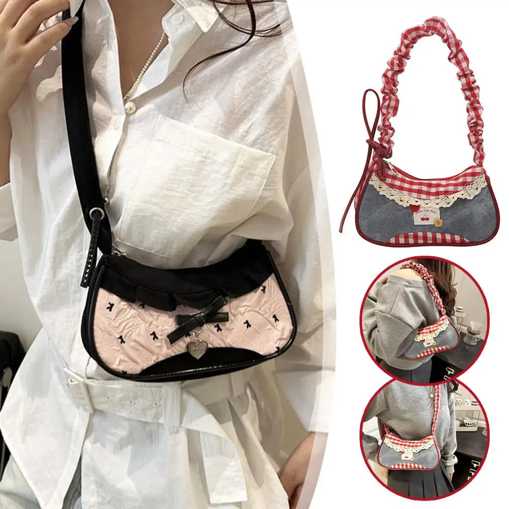 Fashion Grid Women Bag Lace Ribbon Stretchable Shoulder Strap Single Shoulder Underarm Bag Daily Commuting Student Handbag