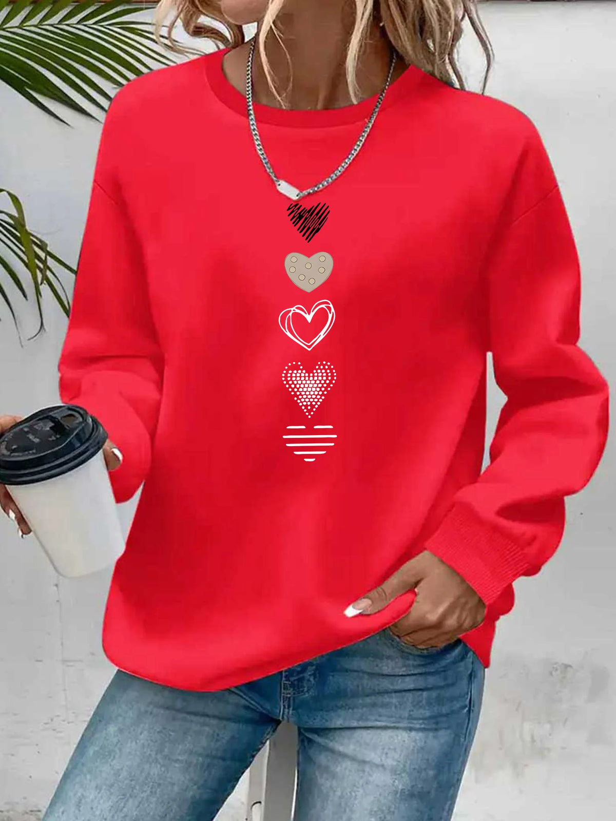 Women's Casual Heart Print Pullover Sweatshirt - Long Sleeve Knit
