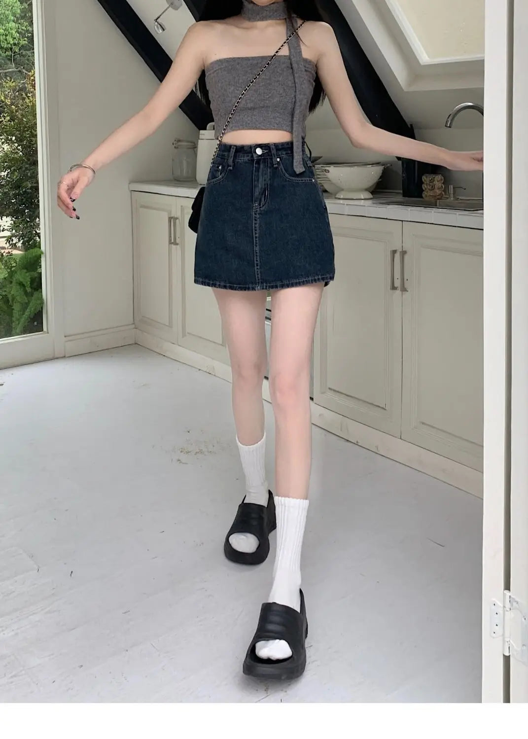 Women's Y2K High-Waist Mini Skirt Deep Blue Denim Spring Summer Slimming Flattering Wrap Around Skirt for Full Coverage