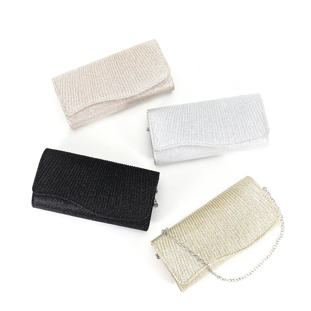 2026 New Women Fold Glitter Handbag Shiny Envelope Evening Bag Ladies Pleated Silver Clutch Chain Wedding Party Mini Long Purse