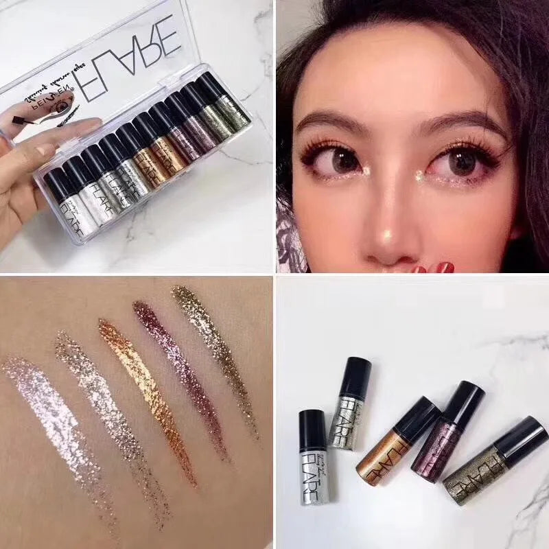 Makeup Set Liquid Glitter Eyeliner Metallic Shimmer Glitter Eyeshadow Long Lasting Waterproof Shimmer Eyeliner 10Pcs