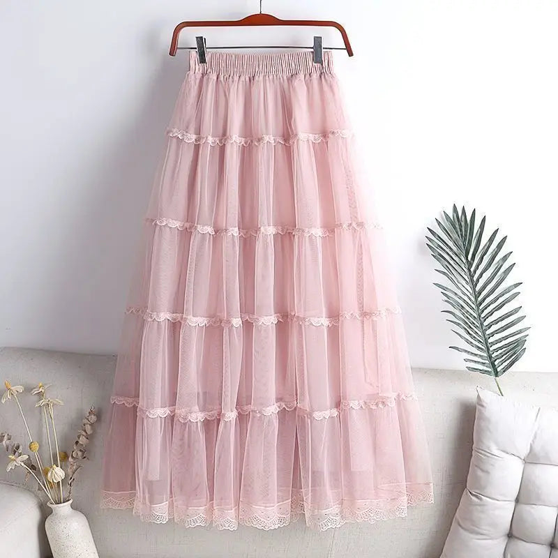 Sweet Lace A-Line Half Skirt Women's Spring Summer New Style Elastic Waist Slimming Cake Skirt High Waist Polyester Fiber