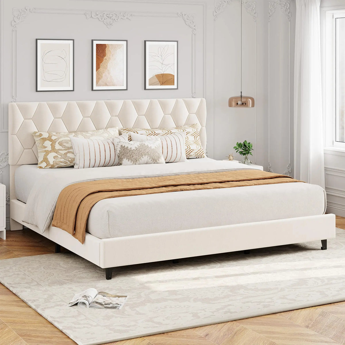 Upholstered Platform Bed Frame with Padded Headboard - Heavy-Duty Wood Slat Support, Noise-Free Non-Slip, No Box Spring Needed, Easy Assembly - KING
