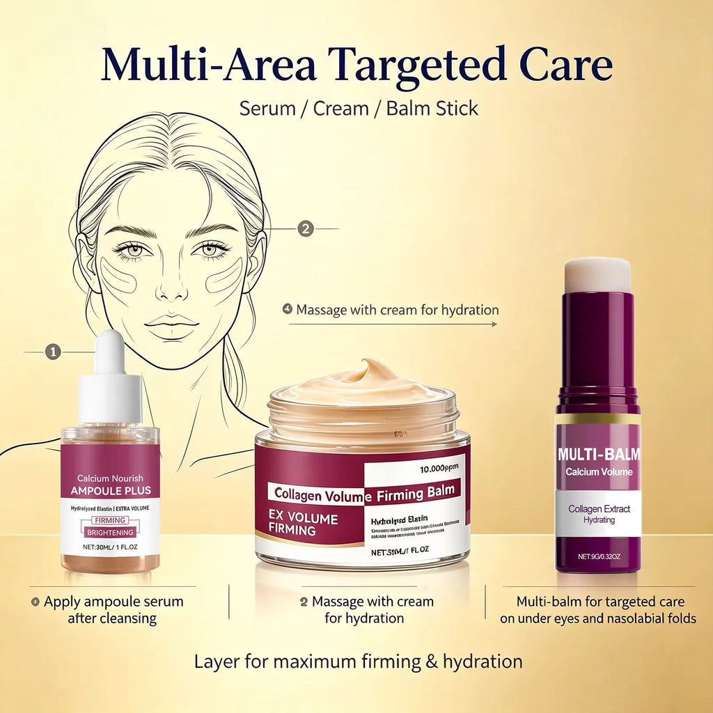 Korean Calcium Volume Multi Balm+Calcium Collagen Moisturizer+Pore Firming Essence Gentle & Moisture Routine for Daily Skincare