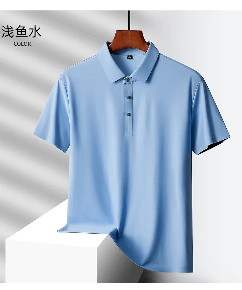 Summer Ice Silk Quick Drying Loose Polo Shirt Middle Aged Men's Solid Lapel Button Simple Versatile Casual Thin Short Sleeve Top