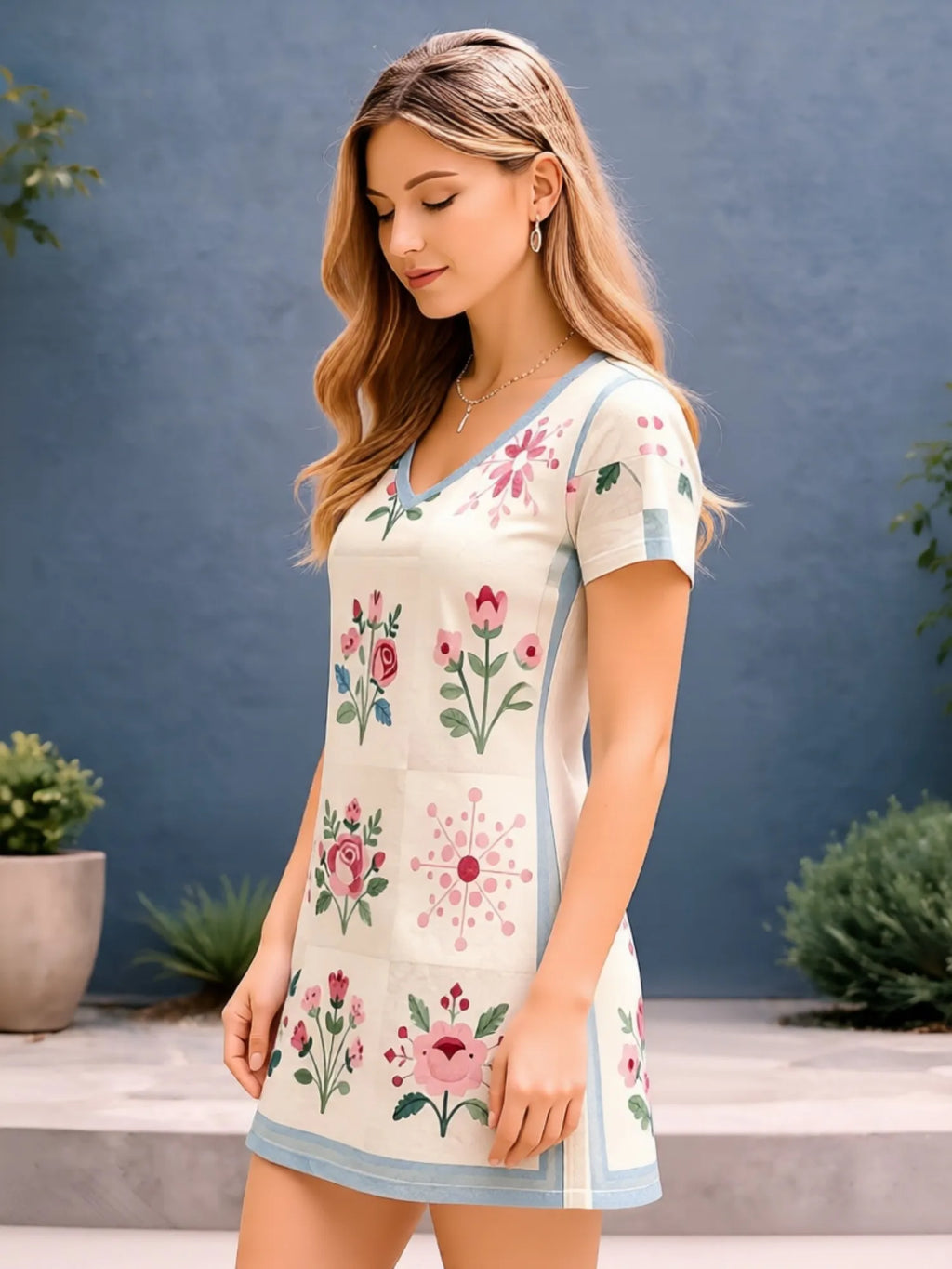 Womens V Neck Short Sleeve Floral Swing Mini Dress Casual Vacation Picnic Sundress Outfit Light Flowy Pretty Sweet Modern Resort