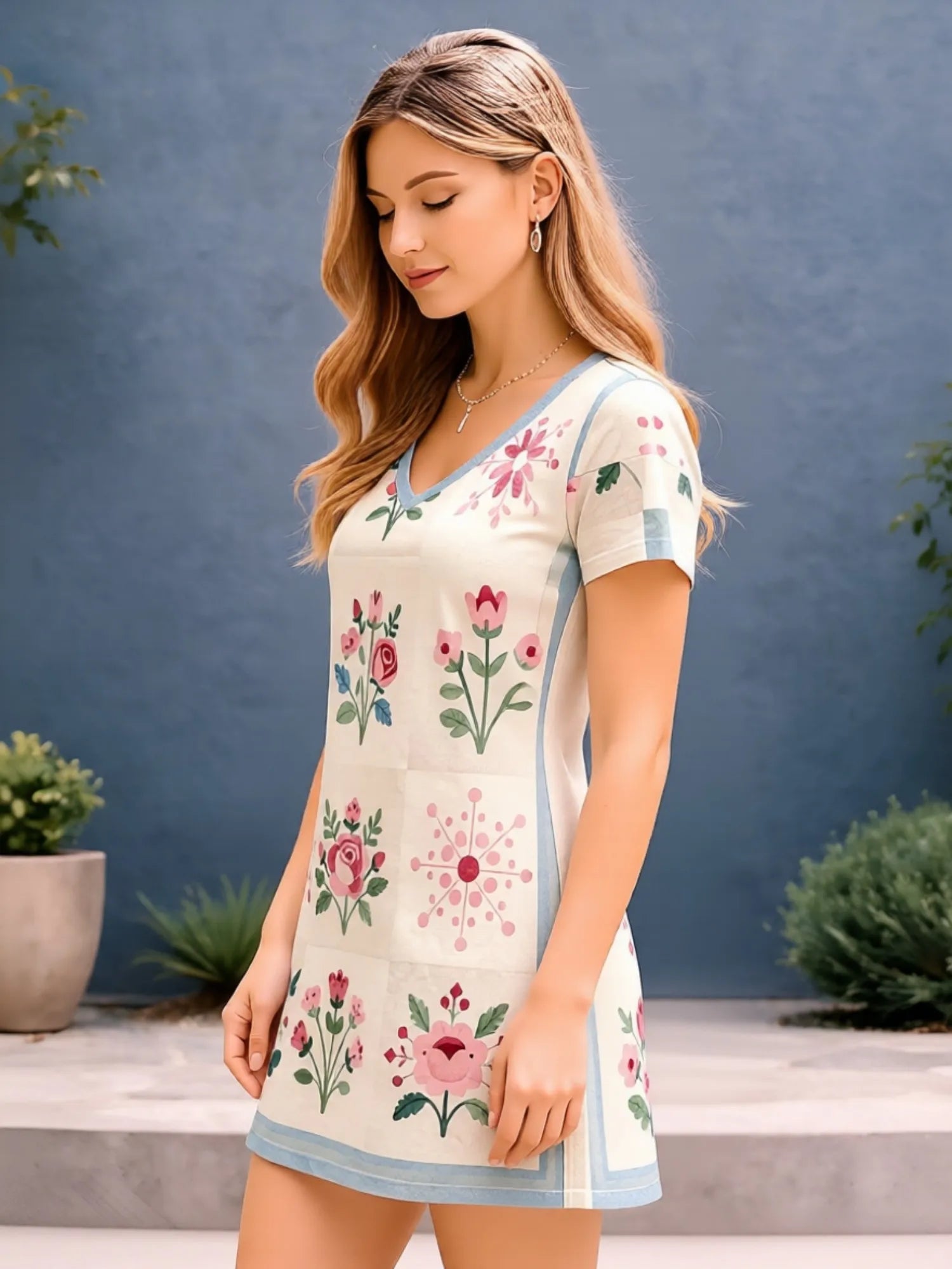 Womens V Neck Short Sleeve Floral Swing Mini Dress Casual Vacation Picnic Sundress Outfit Light Flowy Pretty Sweet Modern Resort