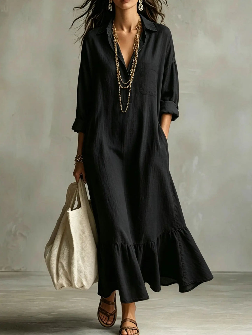 Spring Autumn New Fashion Button Lapel Long Sleeve Shirt Women's Loose Dress Casual Simple Retro Ruffled Swing Dress Female2026