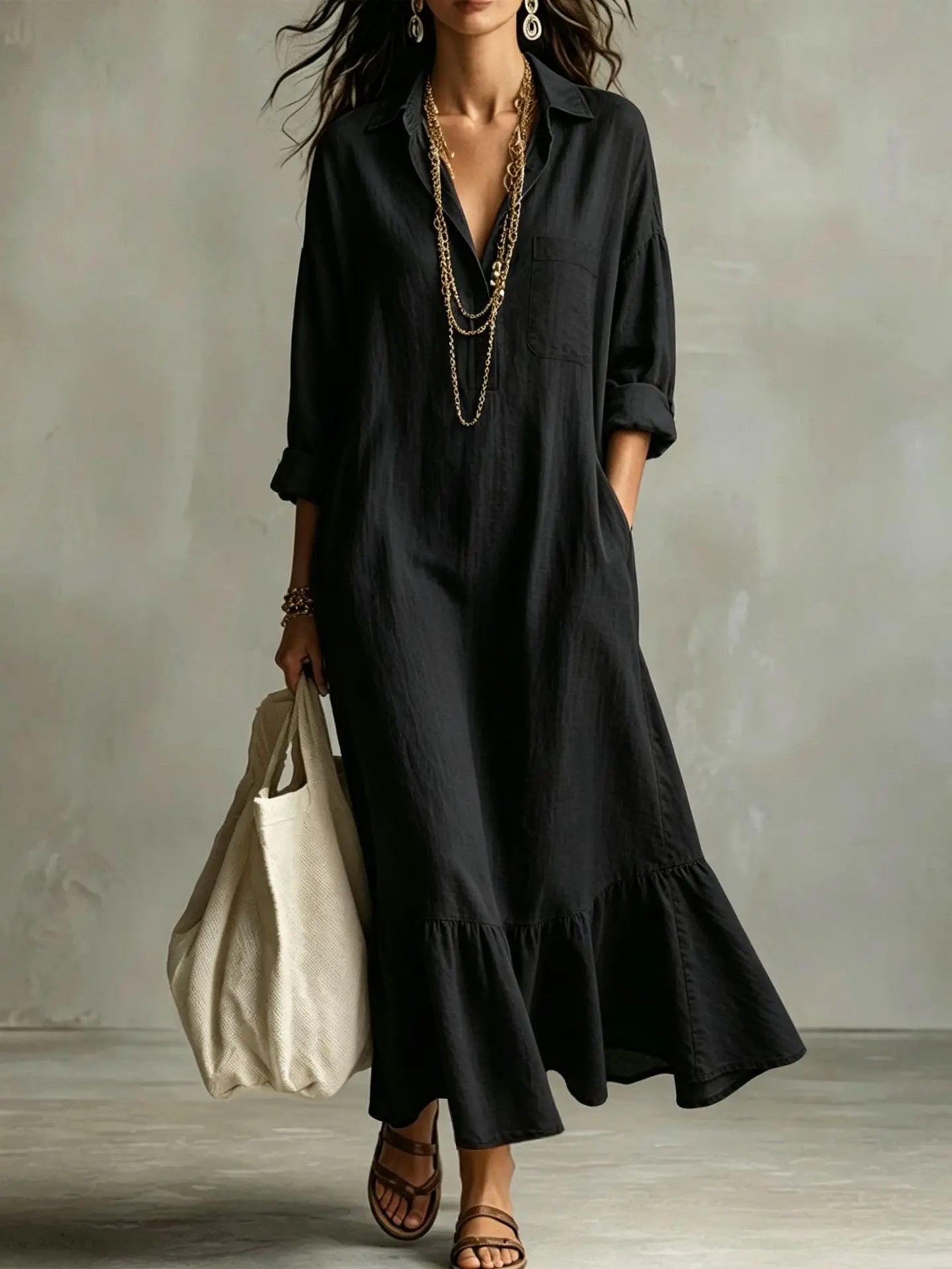 Spring Autumn New Fashion Button Lapel Long Sleeve Shirt Women's Loose Dress Casual Simple Retro Ruffled Swing Dress Female2026