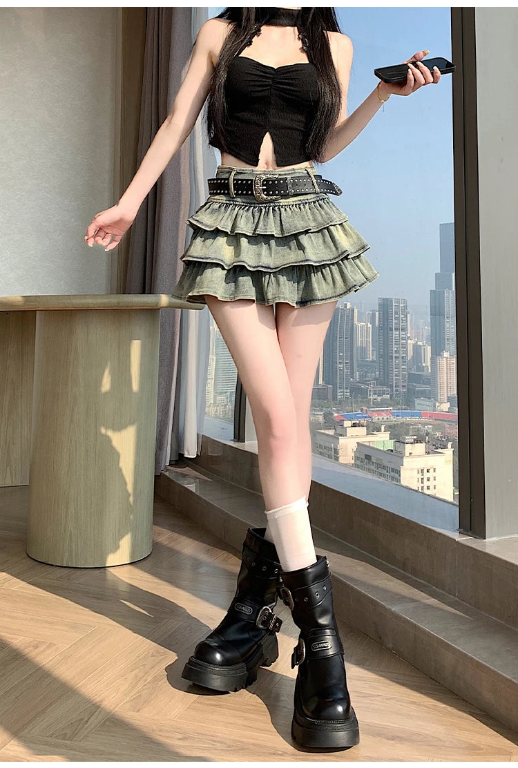 Seoulish American Style Hot Girl Denim Skirt 2026 New Summer Stretch Cake Layer Pleated Skirt High Waist Jeans Mini Skirts Women