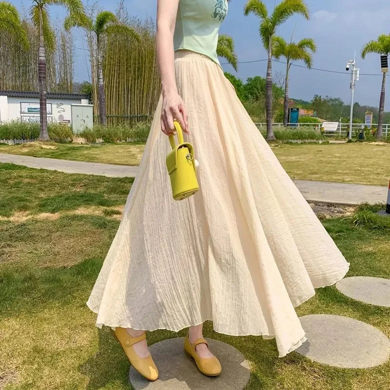 High Quality Cotton Linen Maxi Skirt Women Casual Elastic High Waist Pleated A-Line Beach Skirts Boho Saia Feminina Faldas Jupe