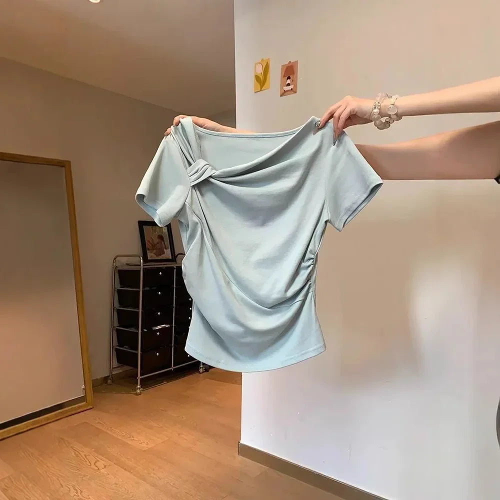 Slim Fit Short Sleeve T-Shirt Women's Shoulder Bared Folded Design Casual Versatile Summer Top for Petite Ladies