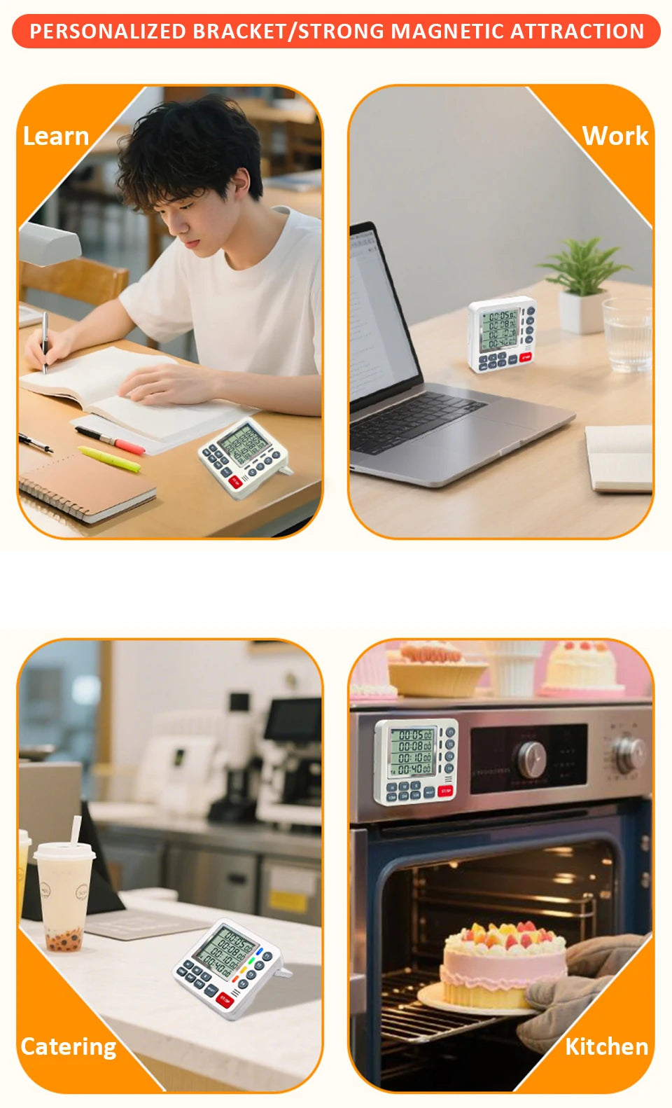 Magnetic Kitchen Timer 4 Channels Four Sets of Timing Large LCD Display Digital Cooking Countdown Timer Home Kitchen Accessories