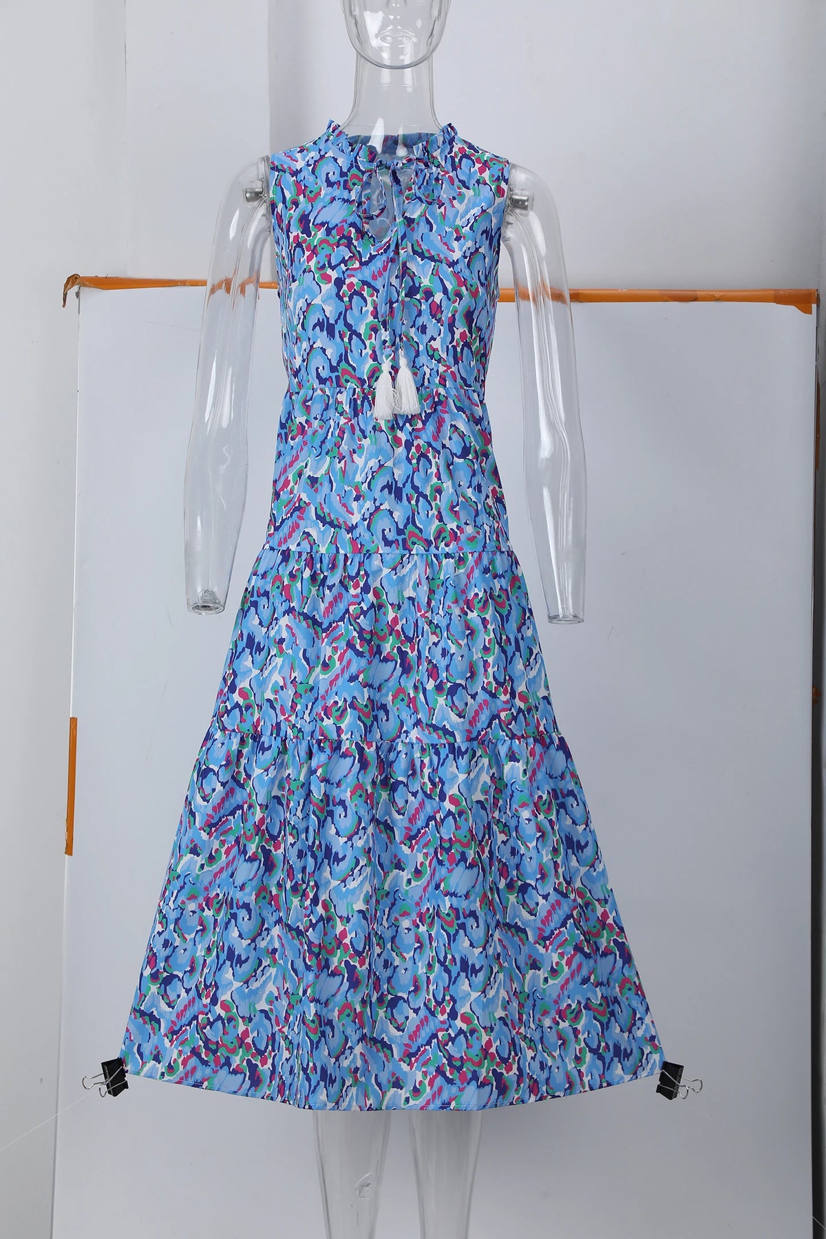 New European and American Summer Cross-border Seaside Vacation Mid to Long Sleeveless V-neck Tassel Abstract Print Dress