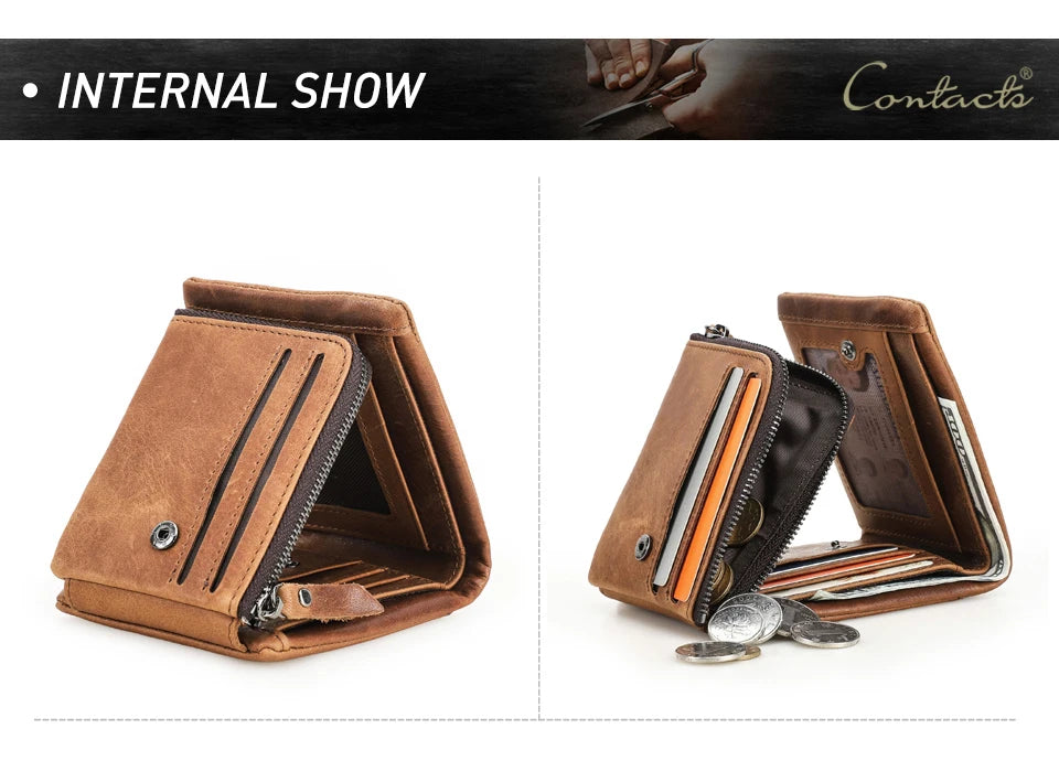 Contact’S Men’s Trifold Wallet - Genuine Crazy Horse Cowhide Leather