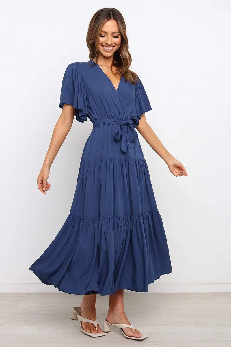 Summer Bohemian Long Dress Pure Color V-Neck Short Sleeve Empire Waist Design Floor Length with Belt Loose Fit Women's Dress