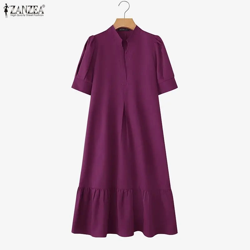 Women Casual A-Line Midi Dress Stand Collar Half Puff Sleeves Solid Color Loose Dresses ZANZEA Minimalist Daily Wear Vestidos