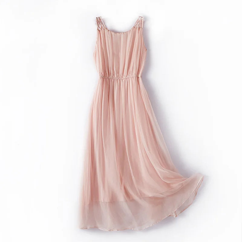 100%Real Silk Elegant Dresses, Women Sleeveless Elastic Waist, Beach Vacation Fairy Dress, 2024 Summer Fall