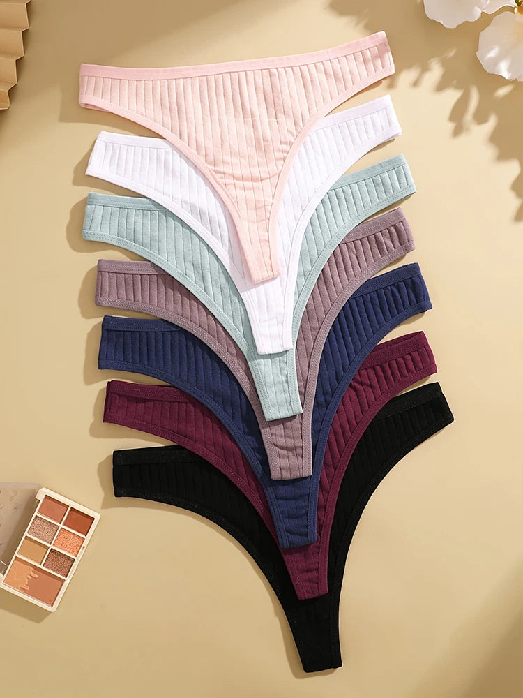 7Pcs Women'S Sexy Cotton G-String Panties Solid Color Ribbed Soft Thongs Female Low Waist Underpants Ladies Sexy Bikini Lingerie