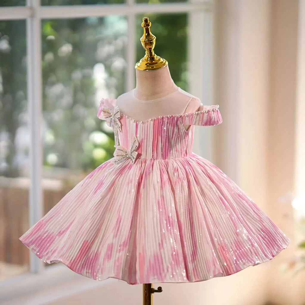 Dreamy Vow J432 Elegant Pink White Girls Dress Pleated Fabric Floral Decoration for Kids Wedding Birthday Party Short Ball Gown