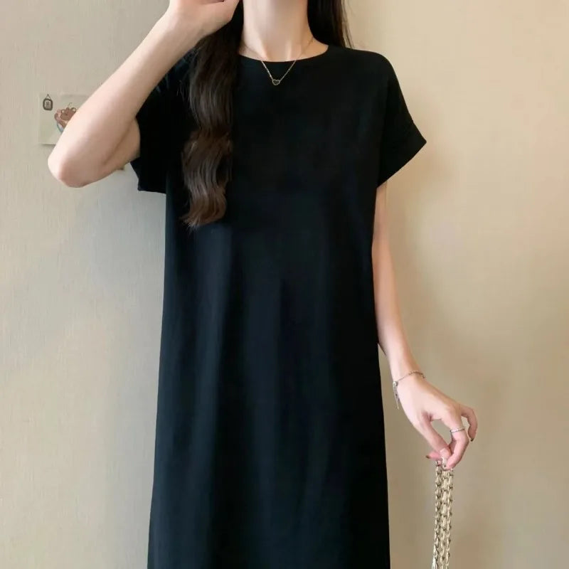 Women Cotton T-Shirt Dress Crew Neck Short Sleeve Loose Split Side Summer Casual Maxi Dress