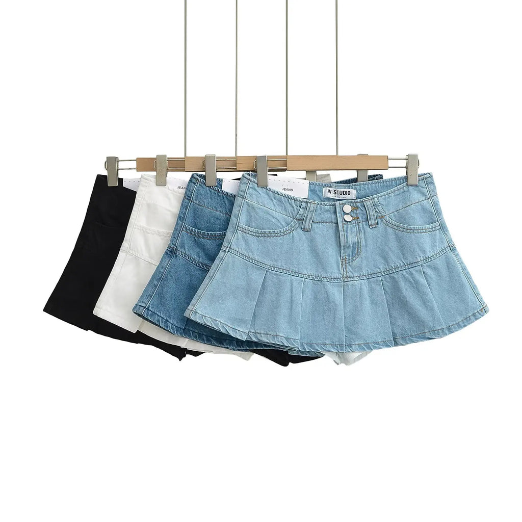 4 colors 2025 Y2K Low Waist Pleated Mini Skirt American Retro Women Package Hips Ruffles Short Skater Skirts With Shorts lining